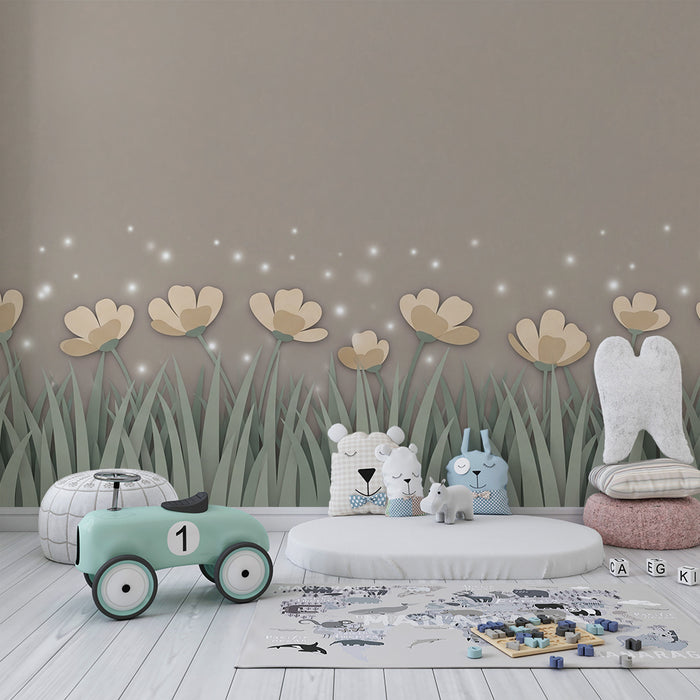 Tapet pentru camera de bebeluși | Flori delicate și iarbă moale