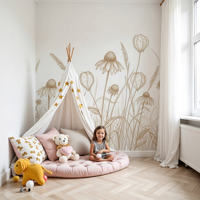 Papel de parede quarto bebê | Flores delicadas e ervas em tons suaves