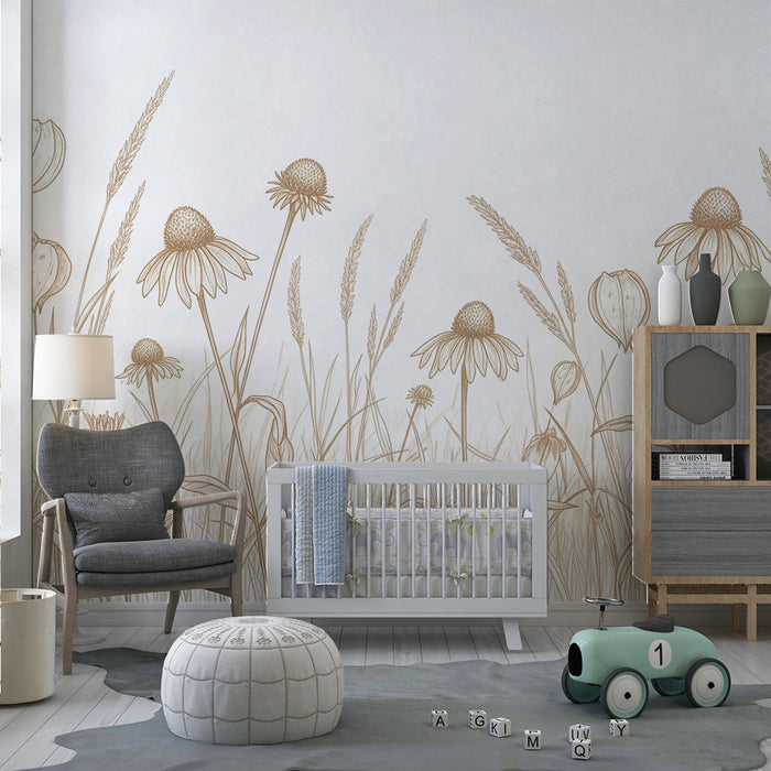 Papel de parede quarto bebê | Flores delicadas e ervas em tons suaves