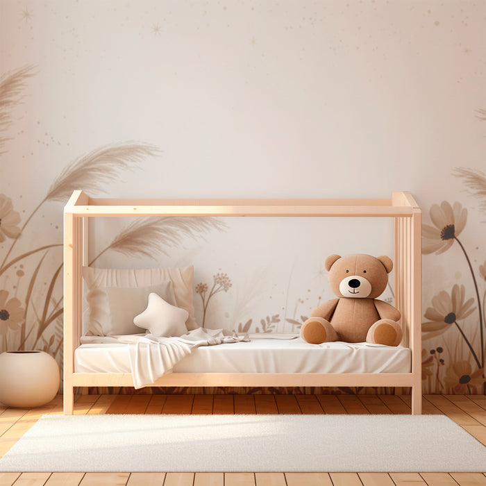 Papel pintado infantil | Flores delicadas y hierbas suaves en tonos neutros