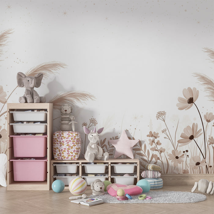 Papel pintado infantil | Flores delicadas y hierbas suaves en tonos neutros