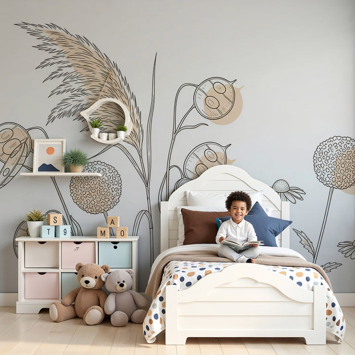 Børneværelse tapet | Delikate blomster og vilde urter i lyse farver online