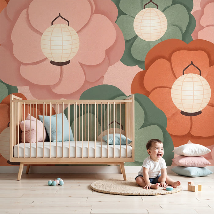 Børneværelse tapet | Delikate blomster og hængende lanterner i blide nuancer
