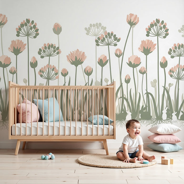 Papel de parede quarto bebê | Nežni cvetovi in zajčki v mirnem vrtu