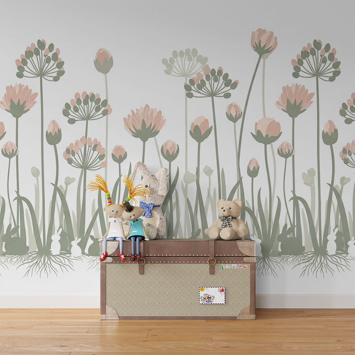 Papel de parede quarto bebê | Nežni cvetovi in zajčki v mirnem vrtu