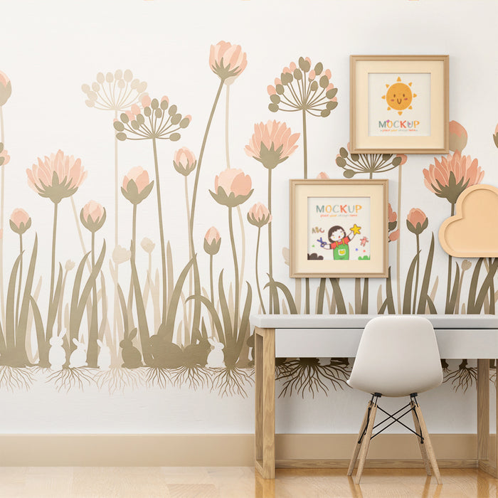 Papel de parede quarto bebê | Nežni cvetovi in zajčki v mirnem vrtu