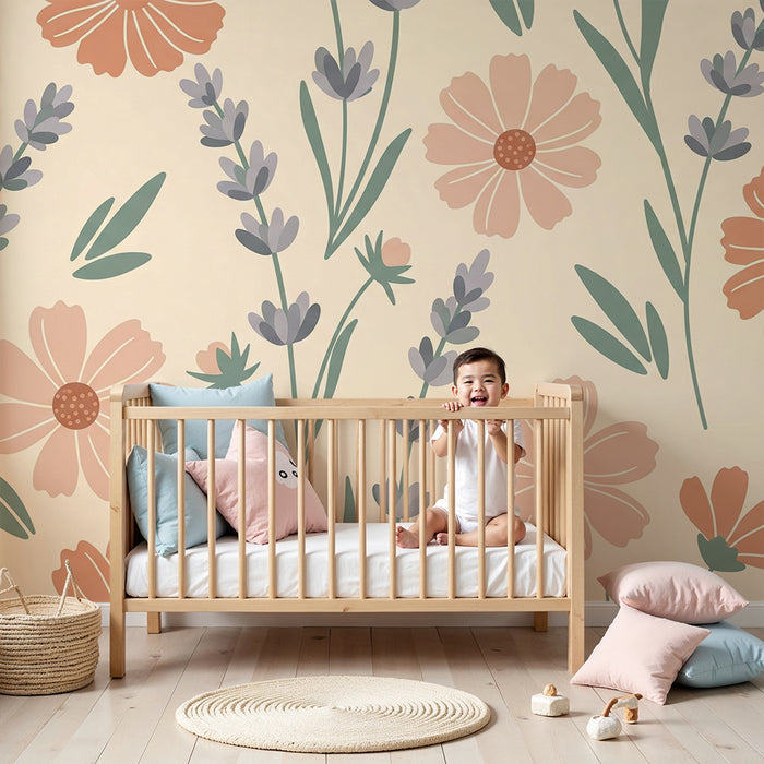 Papel de parede quarto bebê | Flores delicadas e lavanda em fundo suave
