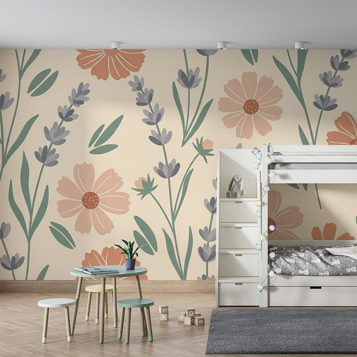Papel de parede quarto bebê | Flores delicadas e lavanda em fundo suave