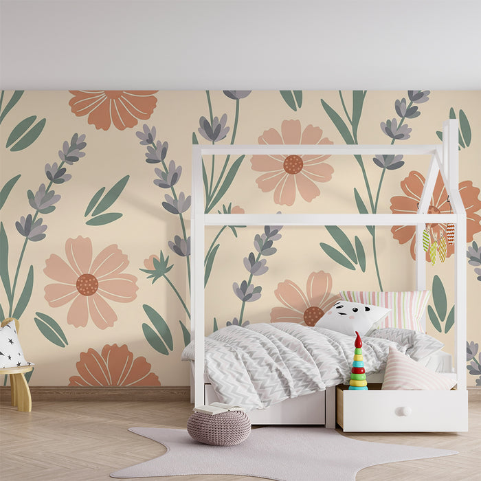 Papel de parede quarto bebê | Flores delicadas e lavanda em fundo suave