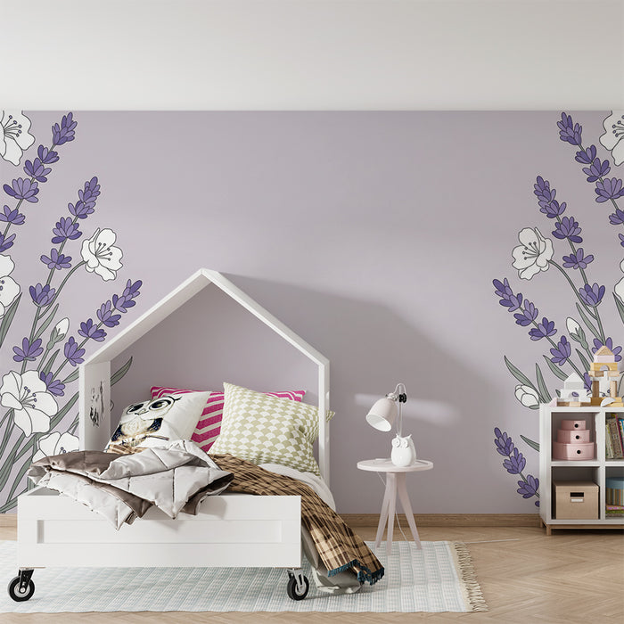 Papier peint chambre bébé | Fleurs délicates et lavande sur fond pastel