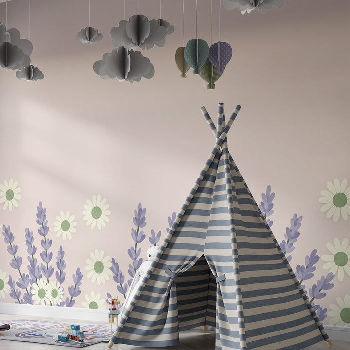 Børneværelse tapet | Delikate blomster og lavendel på en blød lyserød baggrund