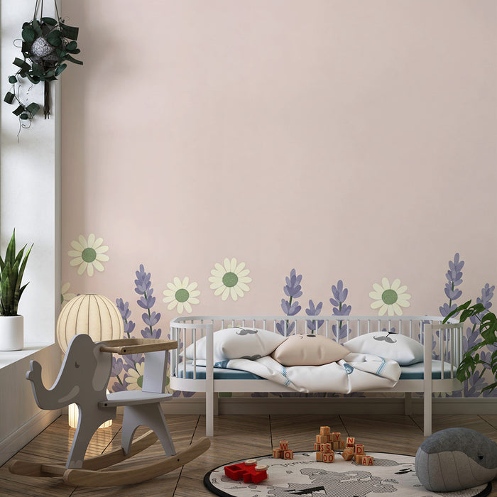 Børneværelse tapet | Delikate blomster og lavendel på en blød lyserød baggrund