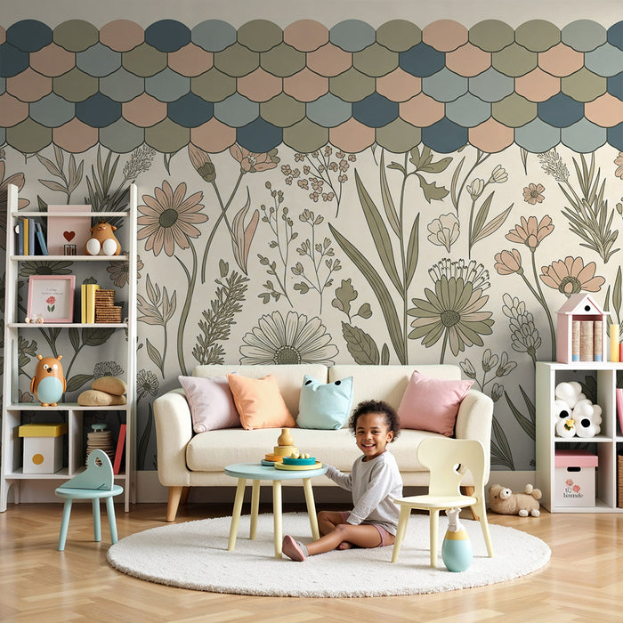 Papier peint chambre bébé | Fleurs délicates et motifs colorés en haut