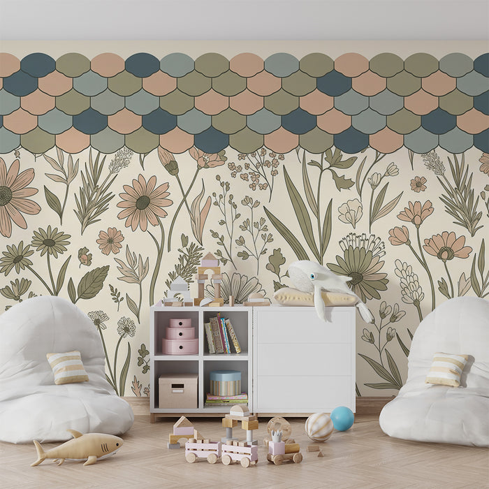 Papier peint chambre bébé | Fleurs délicates et motifs colorés en haut