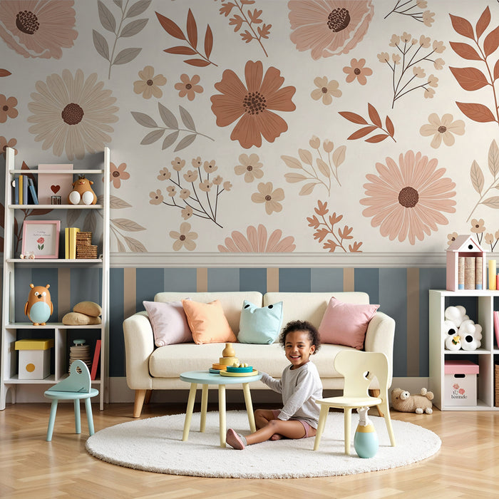 Papel de parede para quarto de bebé | Flores delicadas e padrões suaves em tons pastel
