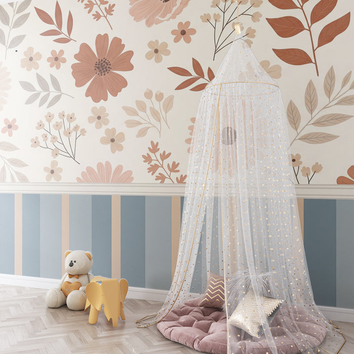 Papel de parede para quarto de bebé | Flores delicadas e padrões suaves em tons pastel