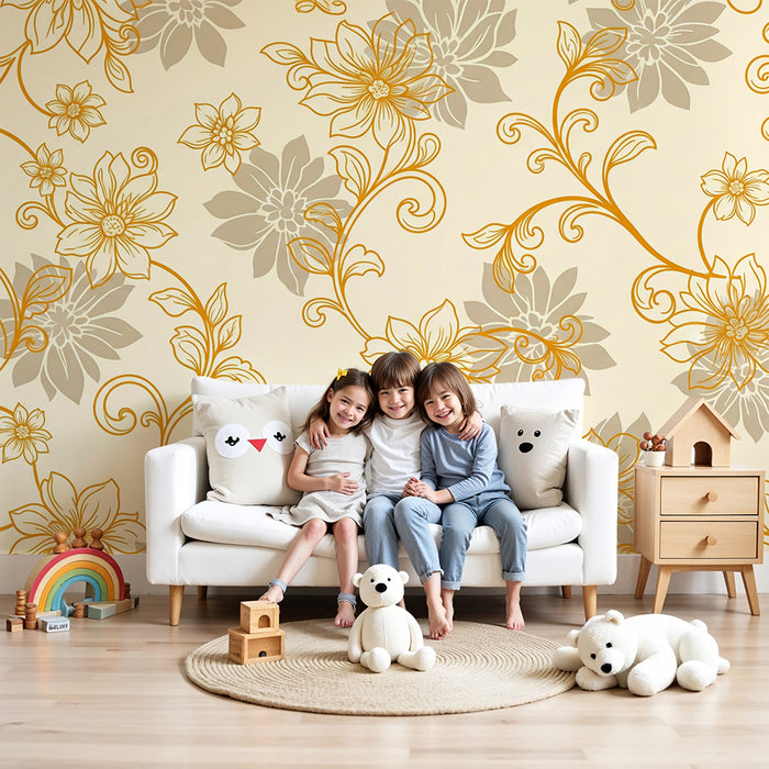 Papier peint chambre bébé | Fleurs délicates et motifs élégants en tons doux