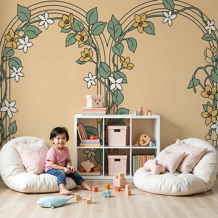 Papel de parede para quarto de bebé | Flores delicadas e motivos elegantes sobre fundo suave