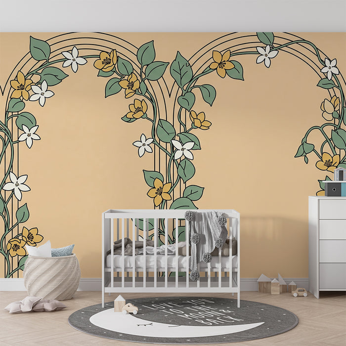 Papel de parede para quarto de bebé | Flores delicadas e motivos elegantes sobre fundo suave
