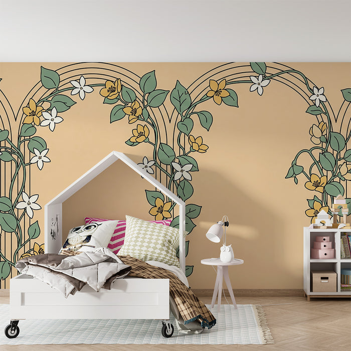 Papel de parede para quarto de bebé | Flores delicadas e motivos elegantes sobre fundo suave
