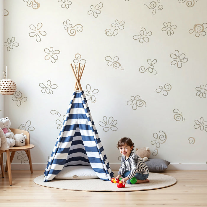 Papier peint chambre bébé | Fleurs délicates et motifs en spirale sur fond clair