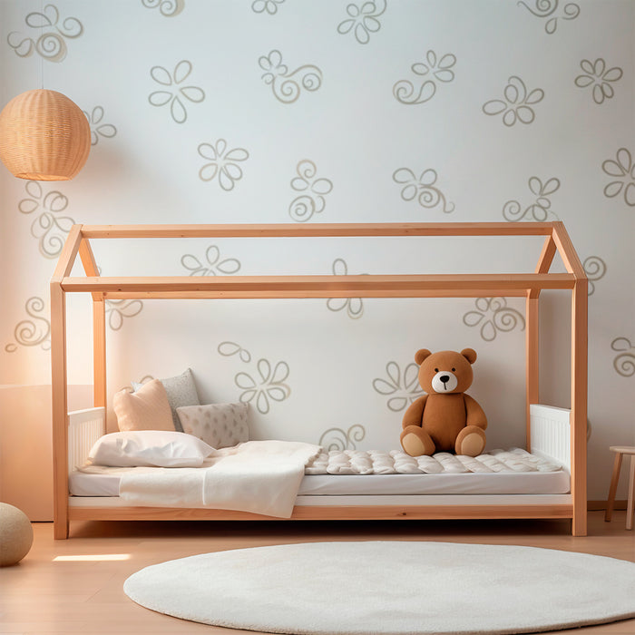 Papier peint chambre bébé | Fleurs délicates et motifs en spirale sur fond clair