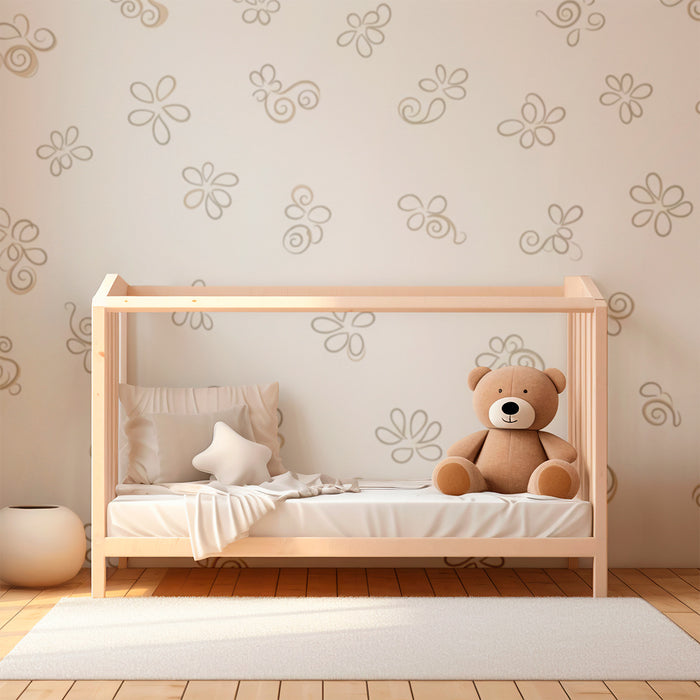Papier peint chambre bébé | Fleurs délicates et motifs en spirale sur fond clair