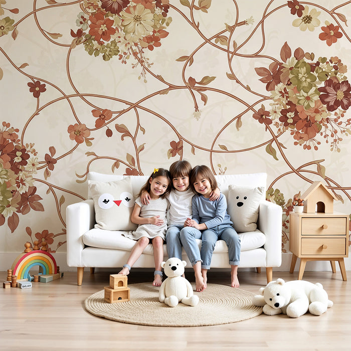 Tapet pentru camera copilului | Flori delicate și motive florale în tonuri pastelate