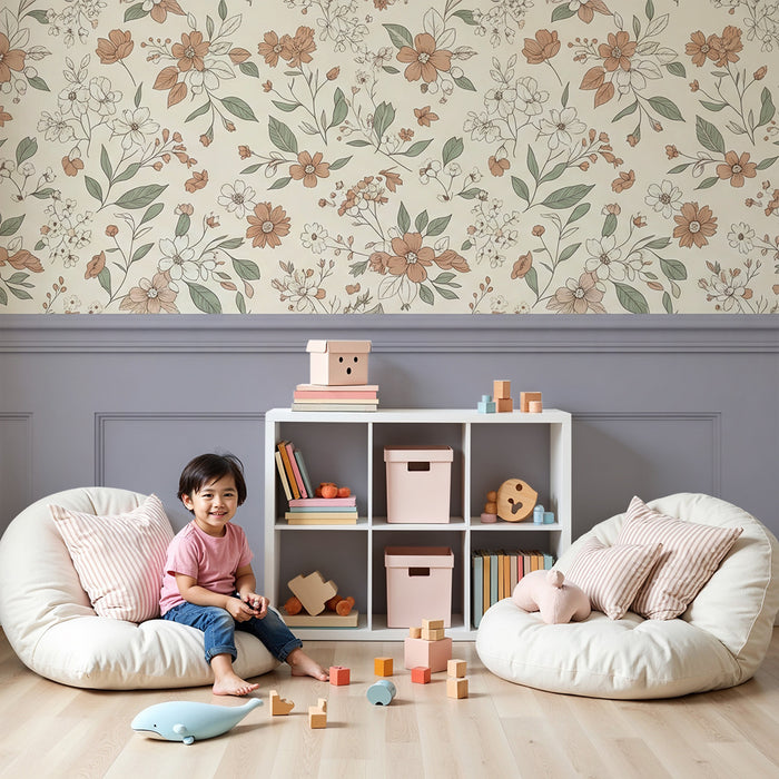 Papel pintado para habitación infantil | Flores delicadas y motivos florales en tonos suaves