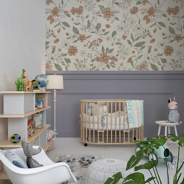 Papel pintado para habitación infantil | Flores delicadas y motivos florales en tonos suaves