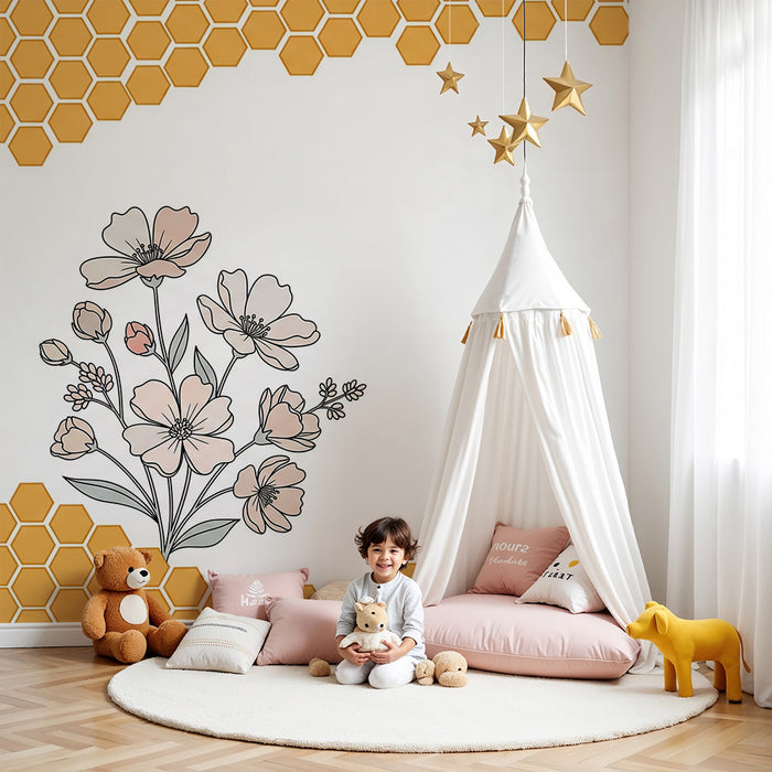 Tapet pentru camera copilului | Flori delicate și motive hexagonale în nuanțe de galben