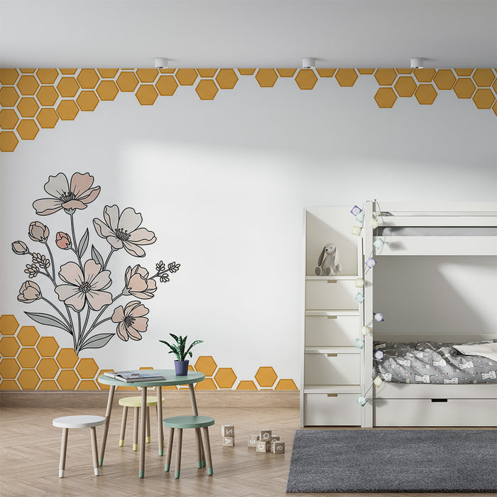 Tapet pentru camera copilului | Flori delicate și motive hexagonale în nuanțe de galben