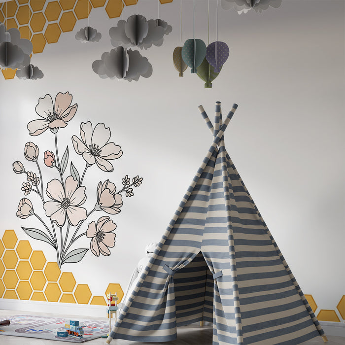 Tapet pentru camera copilului | Flori delicate și motive hexagonale în nuanțe de galben