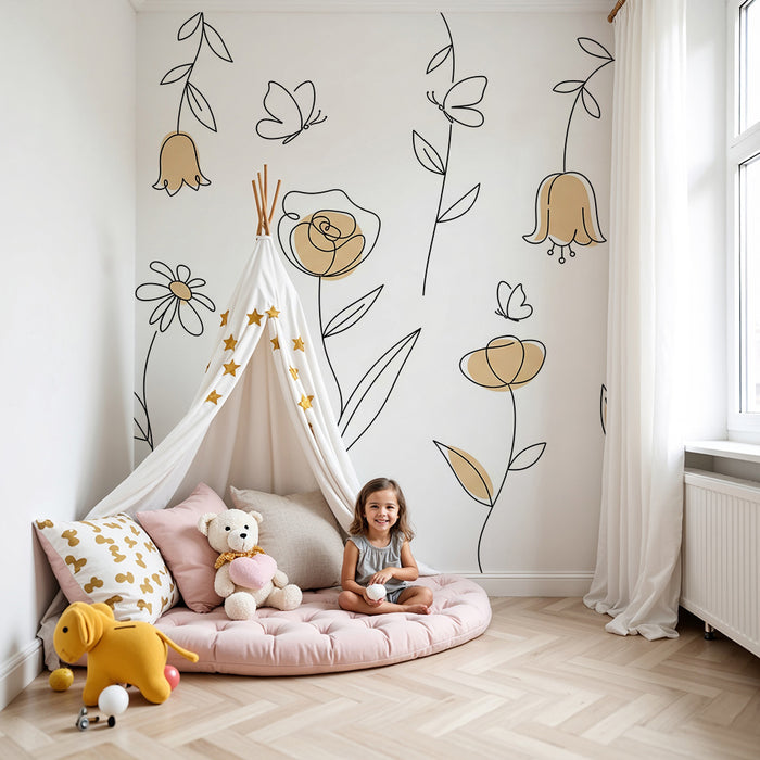 Papier de parede za dječju sobu | Delikatni cvjetni i linearni uzorci u nježnim tonovima