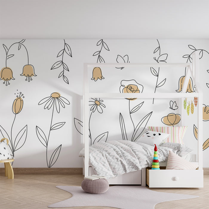 Papier de parede za dječju sobu | Delikatni cvjetni i linearni uzorci u nježnim tonovima