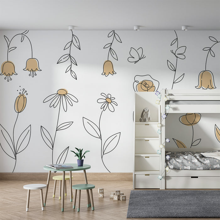 Papier de parede za dječju sobu | Delikatni cvjetni i linearni uzorci u nježnim tonovima