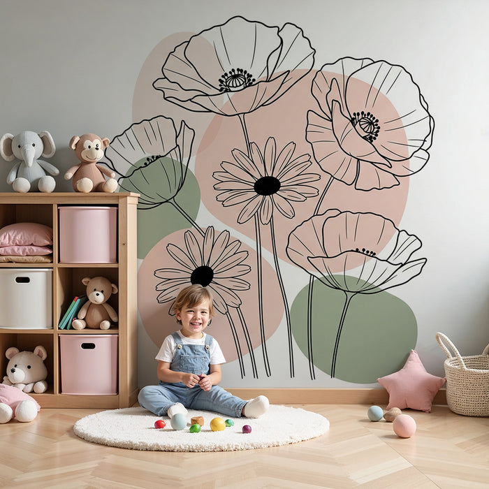 Babykamer behang | Delicate bloemen en moderne patronen in zwart en pastel