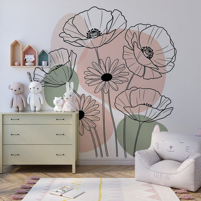 Babykamer behang | Delicate bloemen en moderne patronen in zwart en pastel