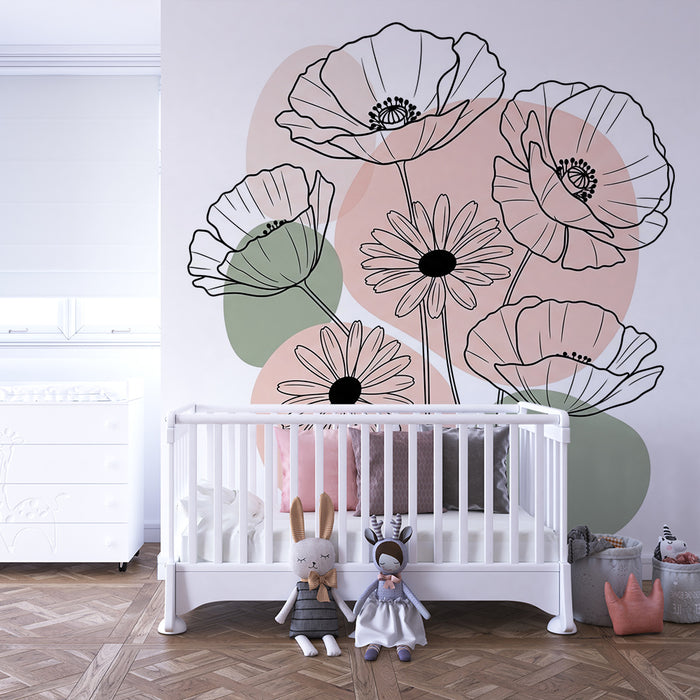 Babykamer behang | Delicate bloemen en moderne patronen in zwart en pastel