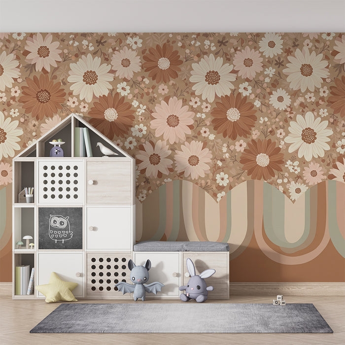 Papel de parede para quarto de bebé | Flores delicadas e padrões ondulados em tons suaves