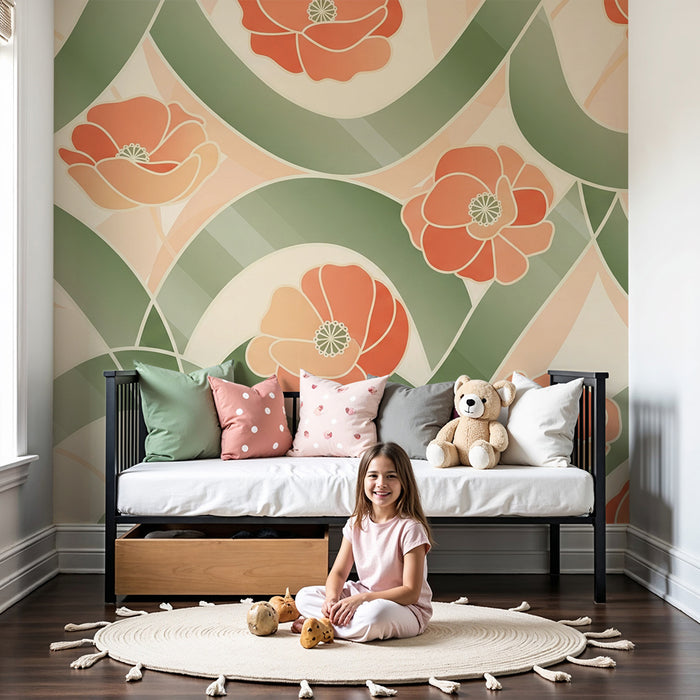 Papier peint chambre bébé | Fleurs délicates et motifs ondulés en teintes douces