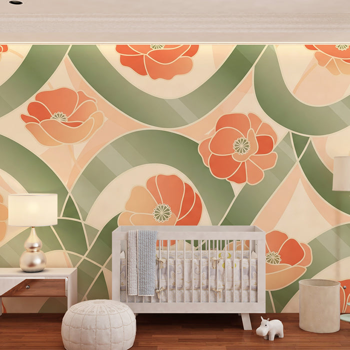 Papier peint chambre bébé | Fleurs délicates et motifs ondulés en teintes douces