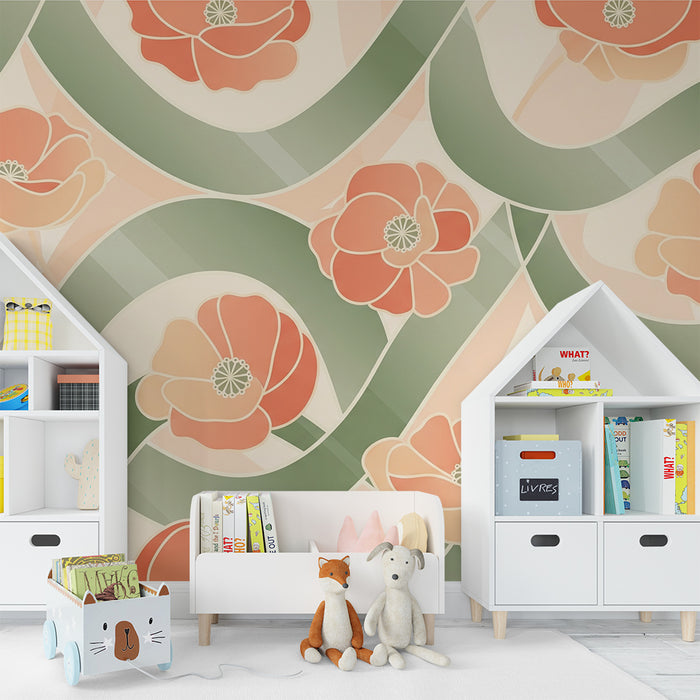 Papier peint chambre bébé | Fleurs délicates et motifs ondulés en teintes douces