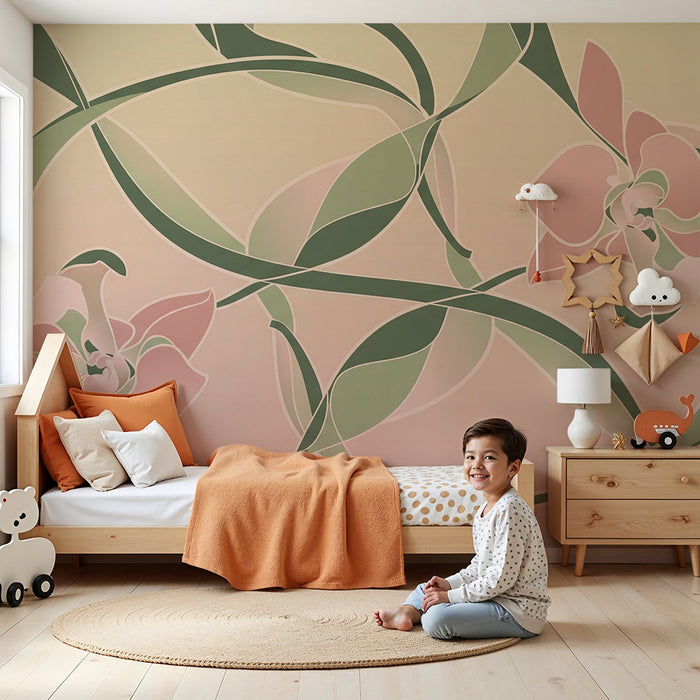 Papier peint chambre bébé | Fleurs délicates et motifs organiques dans des tons doux