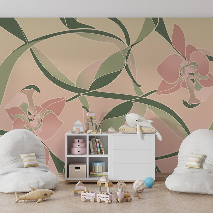 Papier peint chambre bébé | Fleurs délicates et motifs organiques dans des tons doux