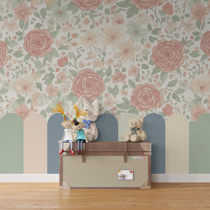 Papel de parede para quarto de bebé | Flores delicadas e padrões pastel para um ambiente suave