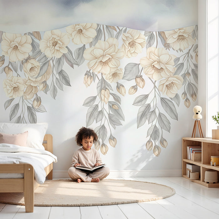 Børneværelse tapet | Delikate blomster og bløde skyer for en beroligende stemning