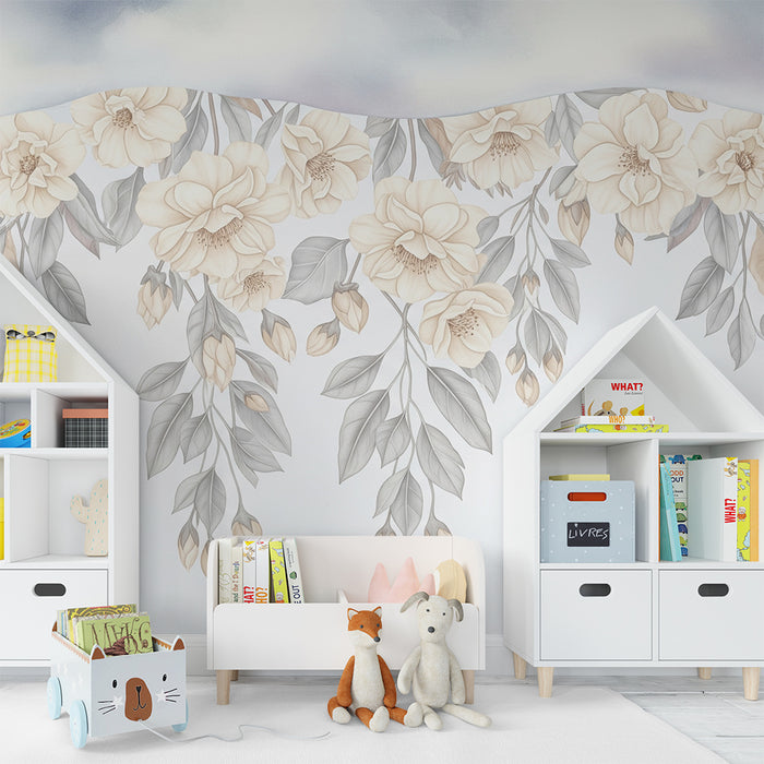 Børneværelse tapet | Delikate blomster og bløde skyer for en beroligende stemning