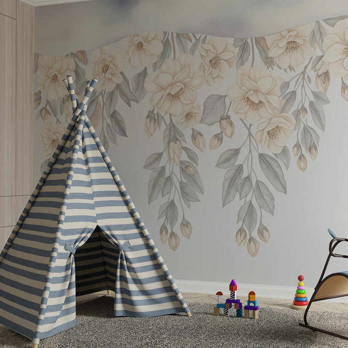 Børneværelse tapet | Delikate blomster og bløde skyer for en beroligende stemning