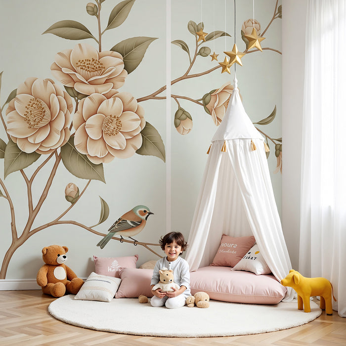 Papier peint chambre bébé | Fleurs délicates et oiseau sur fond pastel